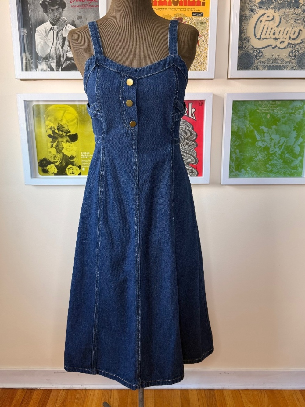 Y2K Denim Midi Dress – 90s Minimalist Button Front A-Line Classic